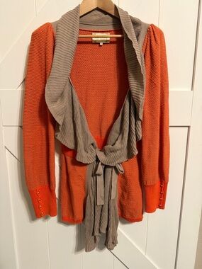 Lia Molly Anthropologie Ruffle Orange Knit Tie Front Cardigan Sweater Medium
